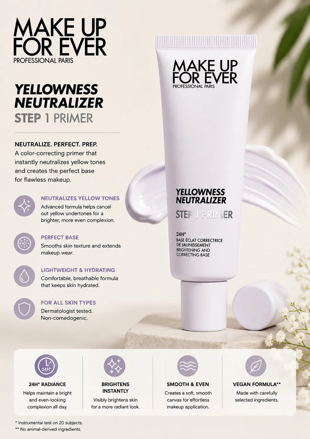 برايمر MAKE UP FOR EVER Yellowness Neutralizer هو قاعدة مكياج مشرقة مصممة للمساعدة في معادلة درجات اللون الأصفر في البشرة، مع توفير لمسة نهائية أكثر نعومة وإشراقاً. ✨  🌟ة