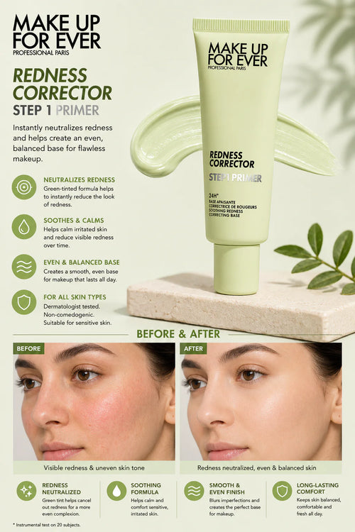 MAKE UP FOR EVER هو قاعدة مكياج مهدئة بلون أخضر، مصممة للمساعدة في معادلة الاحمرار الظاهر مع خلق بشرة أكثر نعومة وتوازناً. 💚